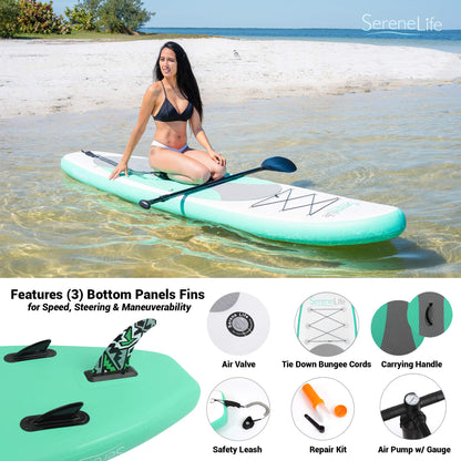 SereneLife Inflatable Stand Up Paddle Board - Wide Stable Design, Non-Slip Deck for Adults & Youth with Premium Paddle Board Accessories: Carry Bag, Dual Action Pump, Paddle, Ankle Leash - 10'
