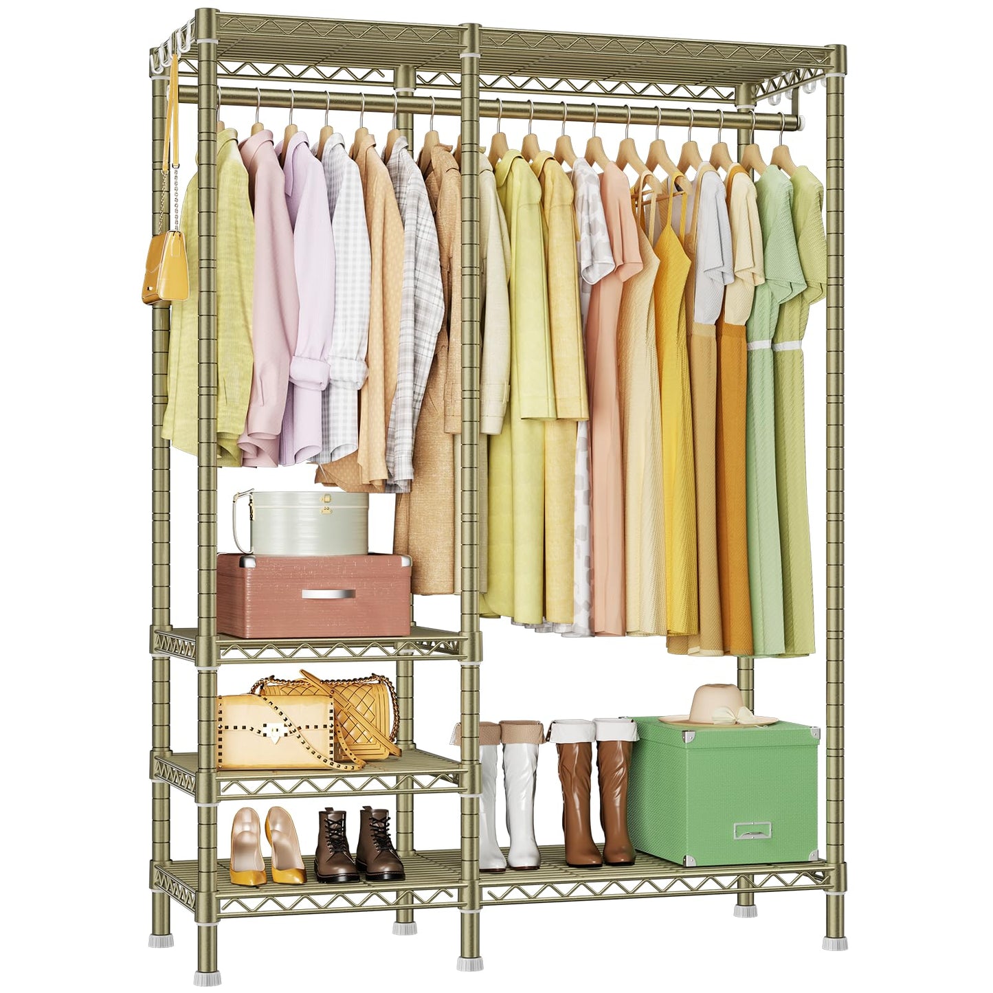 Ulif F4 Heavy Duty Clothes Rack (With Hanger Rod) Freestanding Clothing Racks for Hanging Clothes，Adjustable Closet Organizer System, Portable Garment Rack 45"W x 15.8"D x 71.3"H,Max Load 600LBS, Gold