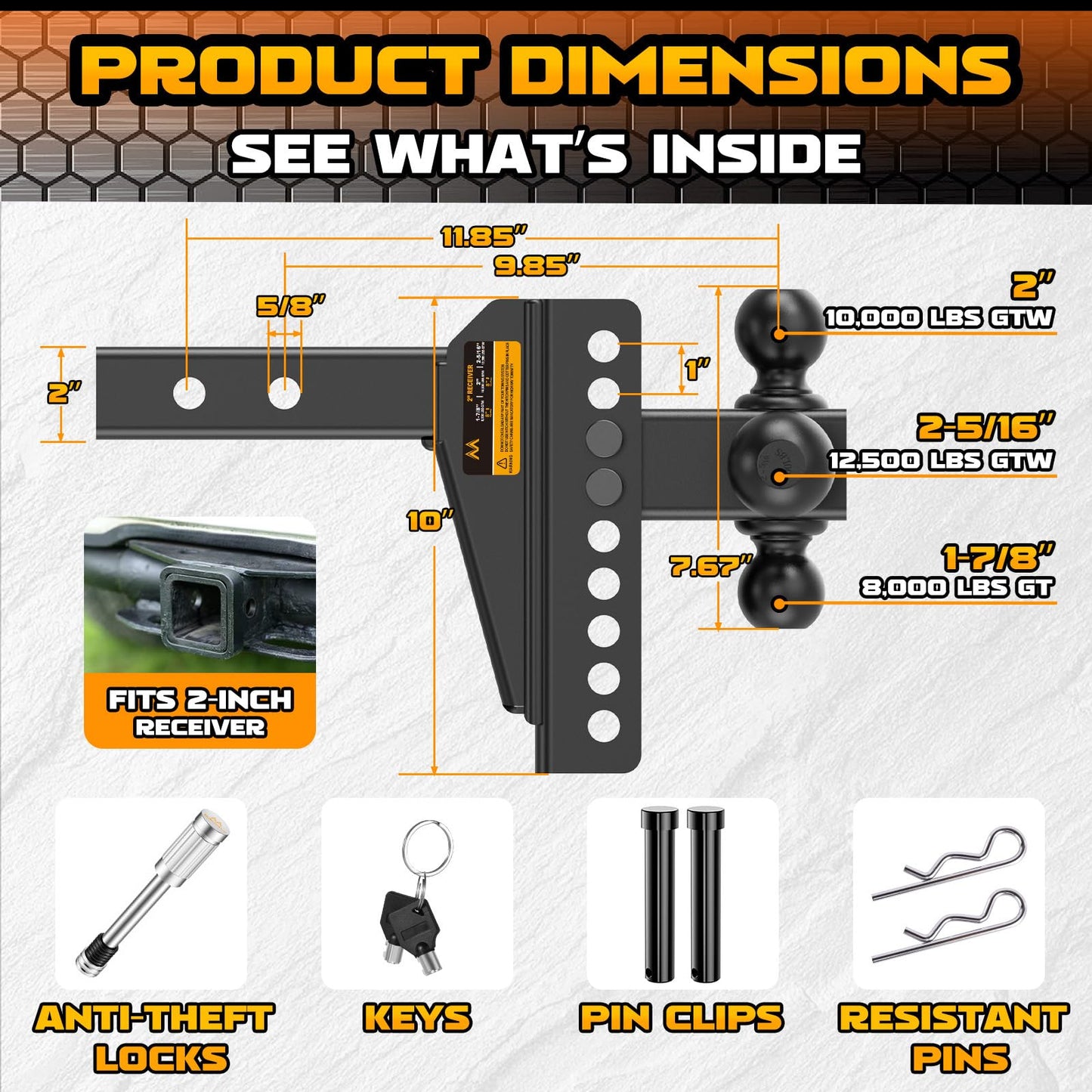 Mmtowus Adjustable Trailer Hitch - Drop Hitch 2-Inch Receiver - Tri Ball Mount with Hook (1-7/8'', 2'' & 2-5/16''), 8'' Drop/Rise Tow Hitch, 12,500 LBS GTW, 3 Ball Hitches for Trucks, RV, Camper etc