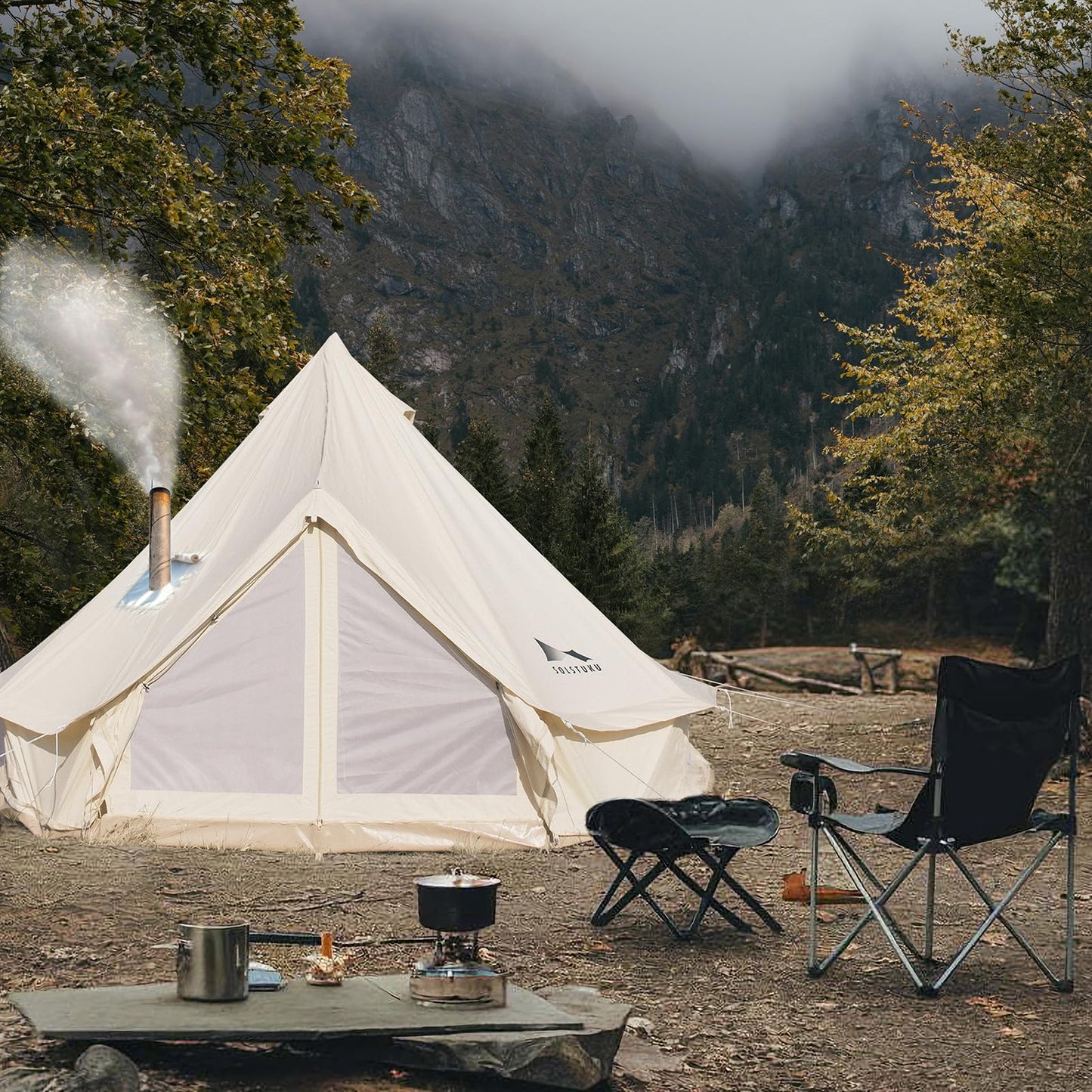 SOLSTUKU SOLSTUKUCanvas Tent Bell, Yurt 4 Seasons for Camping with Stove Jack, Breathable Holds up to 6 People, Family Camping Outdoor Hunting Party