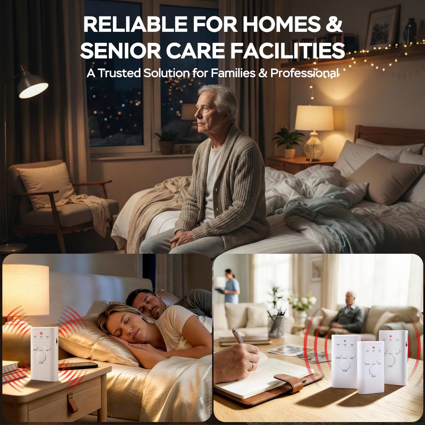 Wireless Bed Alarm for Elderly Dementia Patients - Large & Wide Under-Mattress Sensor Pad with Pager, Early & Exit Alert Modes, Fits All Thick and Thin Mattresses, Effectively Reduces False Alarms