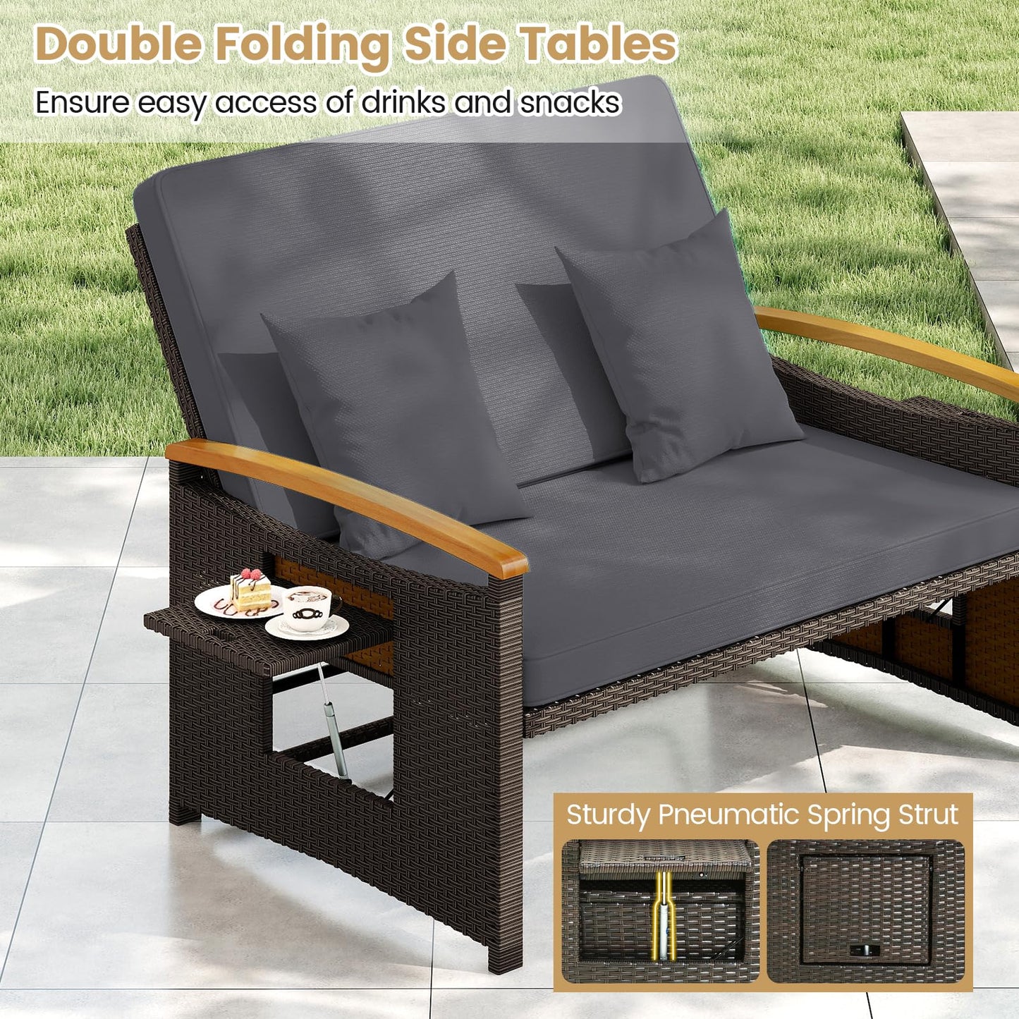 Tangkula Patio Rattan Daybed with 4-Level Adjustable Backrest, Outdoor Wicker Loveseat with Acacia Wood Armrest, Storage Ottoman & Folding Tray, Double Sunbed for Lawn Yard & Poolside, Grey & Brown