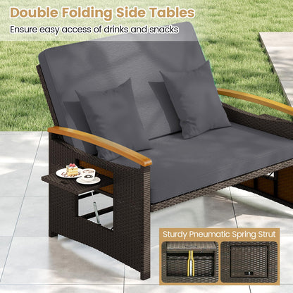Tangkula Patio Rattan Daybed with 4-Level Adjustable Backrest, Outdoor Wicker Loveseat with Acacia Wood Armrest, Storage Ottoman & Folding Tray, Double Sunbed for Lawn Yard & Poolside, Grey & Brown