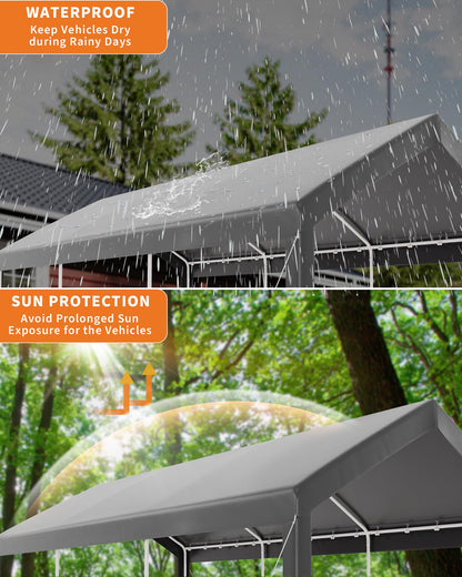 10x20 Ft Heavy Duty Carport, Gray - All-Season Waterproof UV-Resistant Canopy, Portable Garage Boat Shelter Party Tent for SUV, Truck, Outdoor Events
