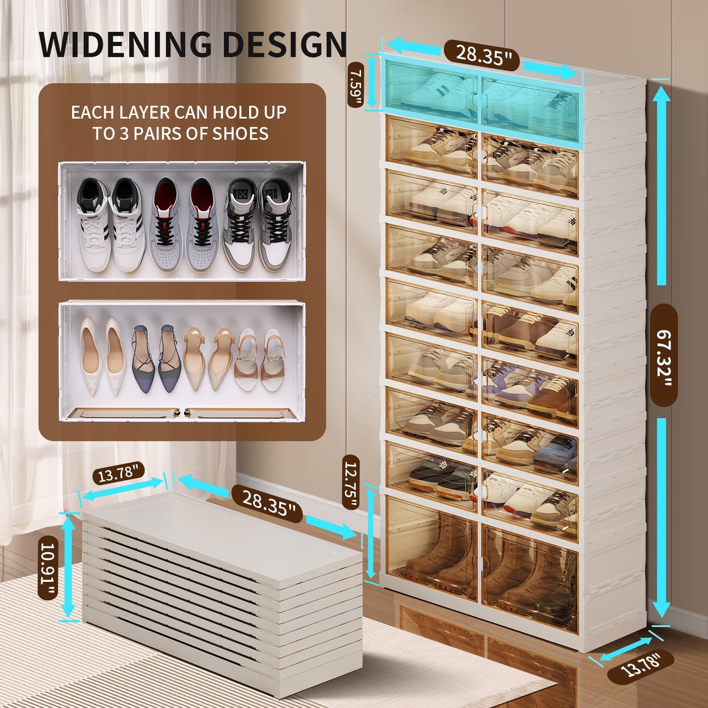 CIMLORD 9-Tier Foldable Shoe Rack Organizer for Closet, 27 Pairs Collapsible Plastic Shoe Shelf, Large Shoes Cabinet with Door, Clear Stackable Storage Box Easy Assembly White