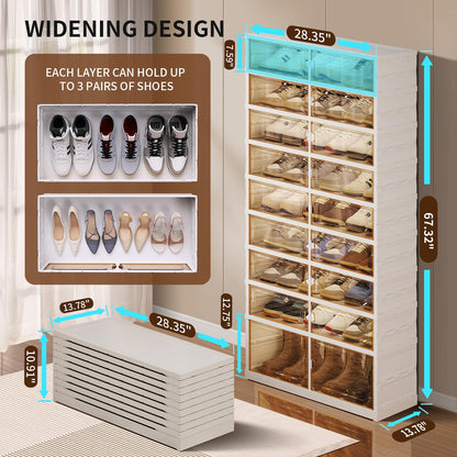 CIMLORD 9-Tier Foldable Shoe Rack Organizer for Closet, 27 Pairs Collapsible Plastic Shoe Shelf, Large Shoes Cabinet with Door, Clear Stackable Storage Box Easy Assembly White