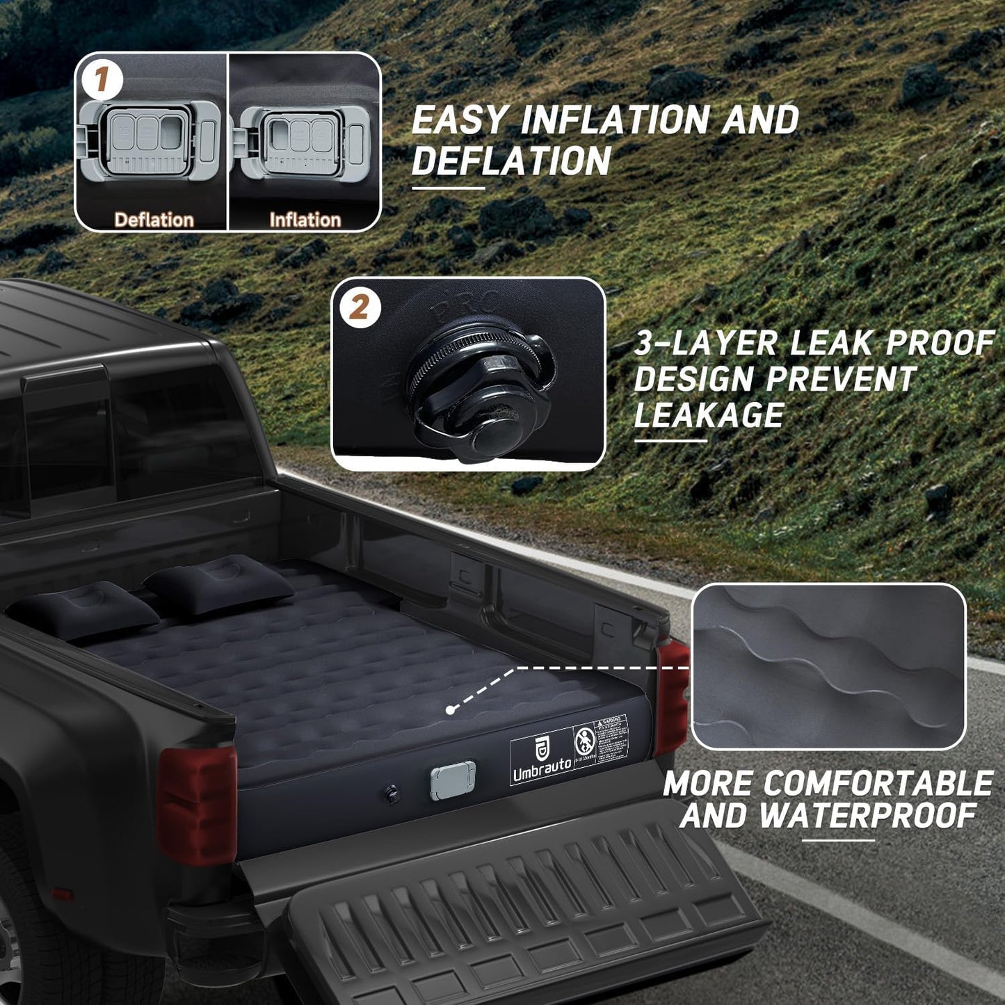 Umbrauto Truck Air Mattress for 5.5-5.8ft Full Size Short Bed, Self-Inflating Suede Surface Truck Camping Airbed for Pickup Tent Outdoor Travel Sleeping