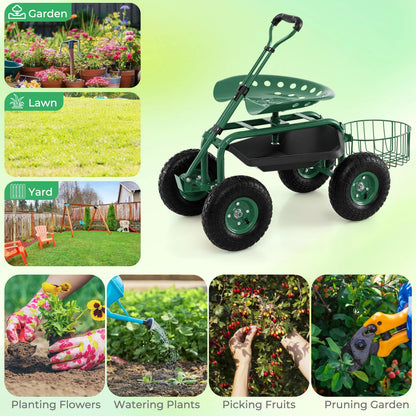 DORTALA Heavy Duty Garden Cart Work Seat w/360 Swivel Seat and Storage Basket, 4-Wheel Rolling Planting Cart w/Tool Tray Extendable Steering Handle Height Adjustable Seat for Gardening, Green