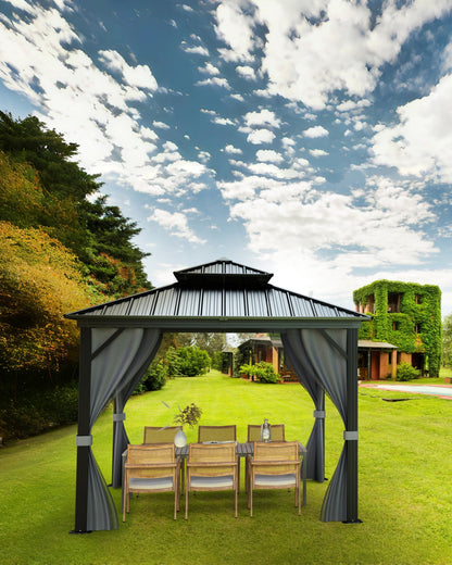 GarveeLife Outdoor Gazebo 12x12 Hardtop, Aluminum Frame Permanent Pavilion with Double Roof, Mosquito Netting & Privacy Curtains for Patio, Garden, Deck, Lawn and Backyard Parties