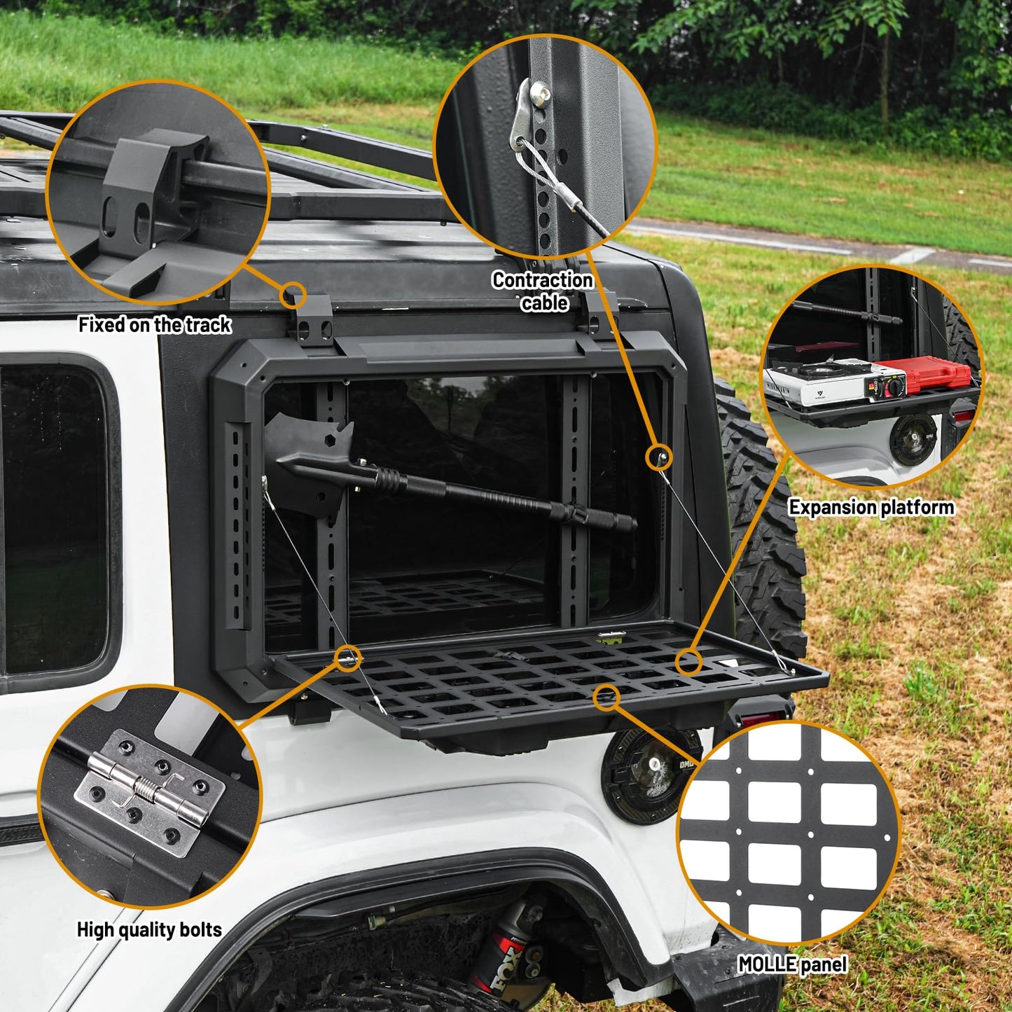 Multifunctional Rear Window Storage Table Molle Panel Kit for 2018-2024 Jeep Wrangler JL & JLU 4 doors Hardtop, Openable Design Tactical Molle Platform for Tools