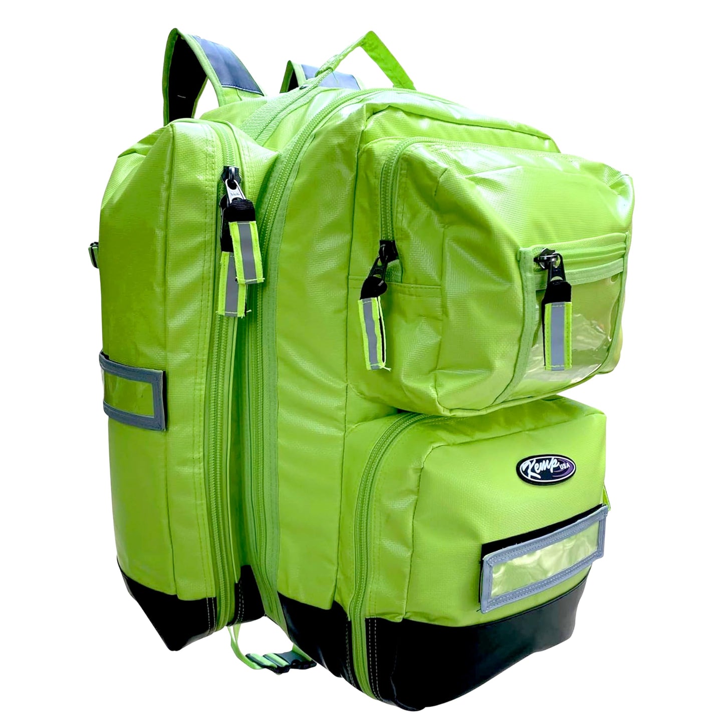 Kemp USA Ultimate EMS Backpack Neon Green Emergency Response Medical Bag Fluid Resistant Tarpaulin EMT Storage Fits BLS ALS Equipment D Tank Oxygen Cylinder Professional Field Use