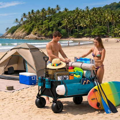 FUNDANGO Heavy Duty Beach Wagon with 9" Big Sand-Proof Wheels, 300L Large Beach Wagons with Balloon Wheel, Folding Collapsible All Terrian Cart with Side Pockets for Sports, Camping, Pump Included