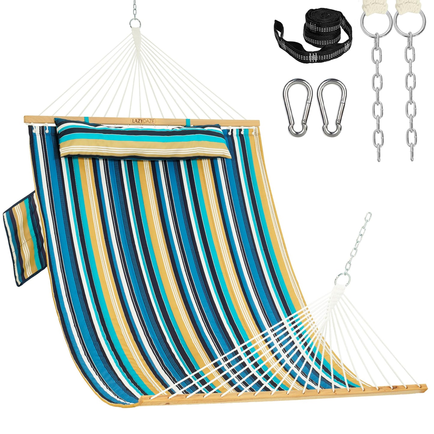 Lazy Daze Hammocks 10.5FT 2 Person Double Quilted Fabric Hammock with Spreader Bar, Detachable Pillow, Side Pocket, Carabiners, Chains, Straps for Outdoor, 450lbs Capacity, Beach Stripes