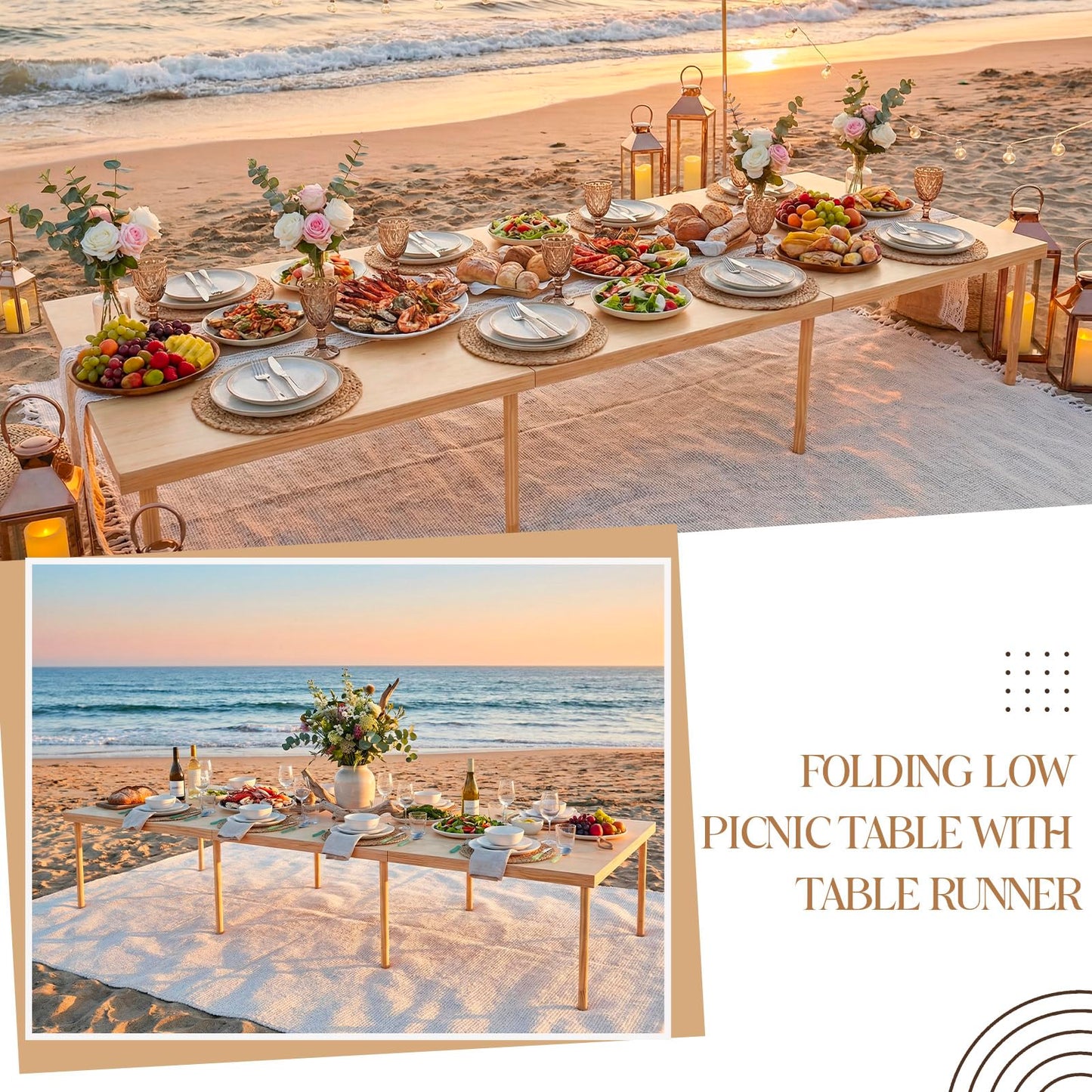 Novabright 90" x 30" Folding Boho Picnic Table with Woven Placemats and Table Runner Portable Low Picnic Floor Desk with Adjustable Legs for Beach, Wedding, Camping, 12 People, Tri-fold Style
