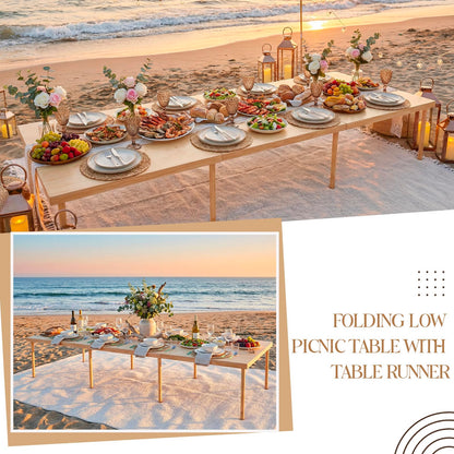 Novabright 90" x 30" Folding Boho Picnic Table with Woven Placemats and Table Runner Portable Low Picnic Floor Desk with Adjustable Legs for Beach, Wedding, Camping, 12 People, Tri-fold Style