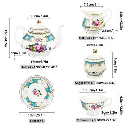 fanquare 21 Piece Floral Porcelain Tea Set, British Tea Cup and Saucer Set for 6, Tea Party Set for Women, Blue Roses