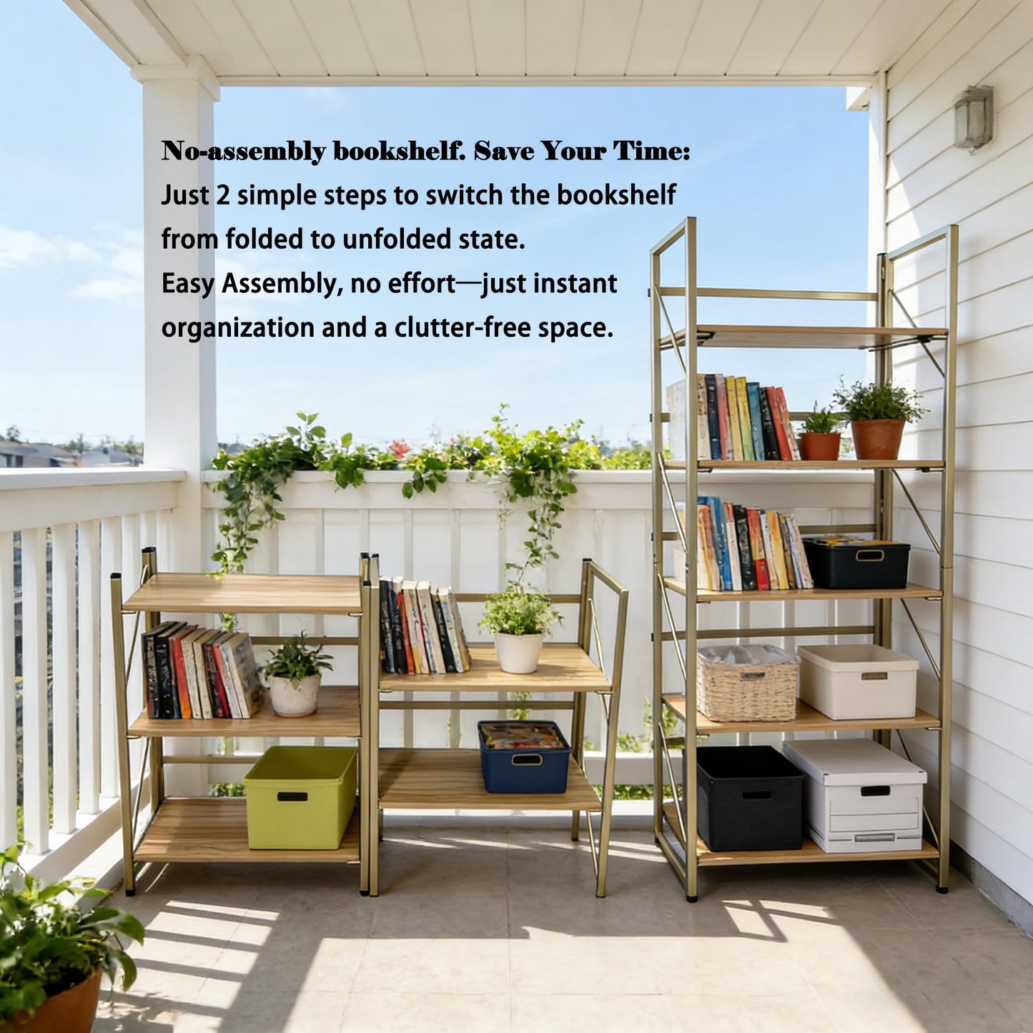 Kogven Folding Bookshelf, 2-in-1 Convertible Design, Multifunctional Plant Stand Storage Rack Shelves for Home Office, Easy Assembly, 5-Tier,Gold & Nature Wood