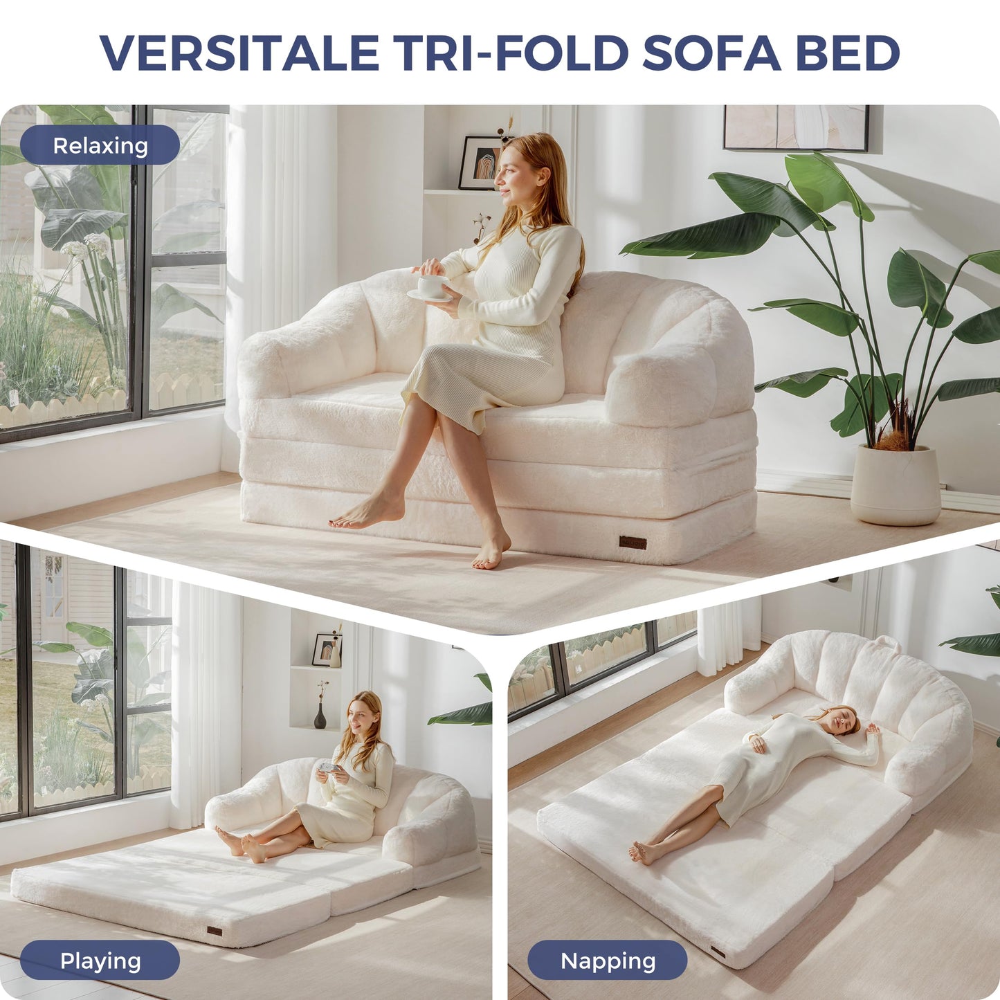 MAXYOYO Folding Sofa Bed, 2 in 1 Convertible Sofa to Lounger Comfy Loveseat Bean Bag Chair for Adults, Floor Couch with Handle, Faux Fur Couch Bed for Living Room Bedroom, Beige, Loveseat