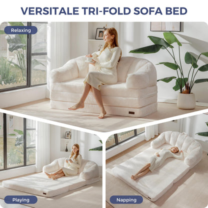 MAXYOYO Folding Sofa Bed, 2 in 1 Convertible Sofa to Lounger Comfy Loveseat Bean Bag Chair for Adults, Floor Couch with Handle, Faux Fur Couch Bed for Living Room Bedroom, Beige, Loveseat