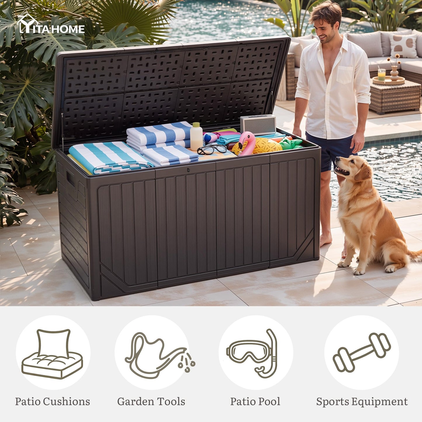 YITAHOME XXL 300 Gallon Extra Large Outdoor Deck Box, Lockable Resin Double-Wall Storage Box and Waterproof Patio Furniture Bin for Garden Tools & Pool Accessories, Brown