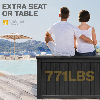 DWVO 220 Gallon Extra-Large Patio Deck Box, Waterproof Resin Outdoor Storage Box with Removable Divider for Patio, Garden, Pool, Furniture and Tools, Black