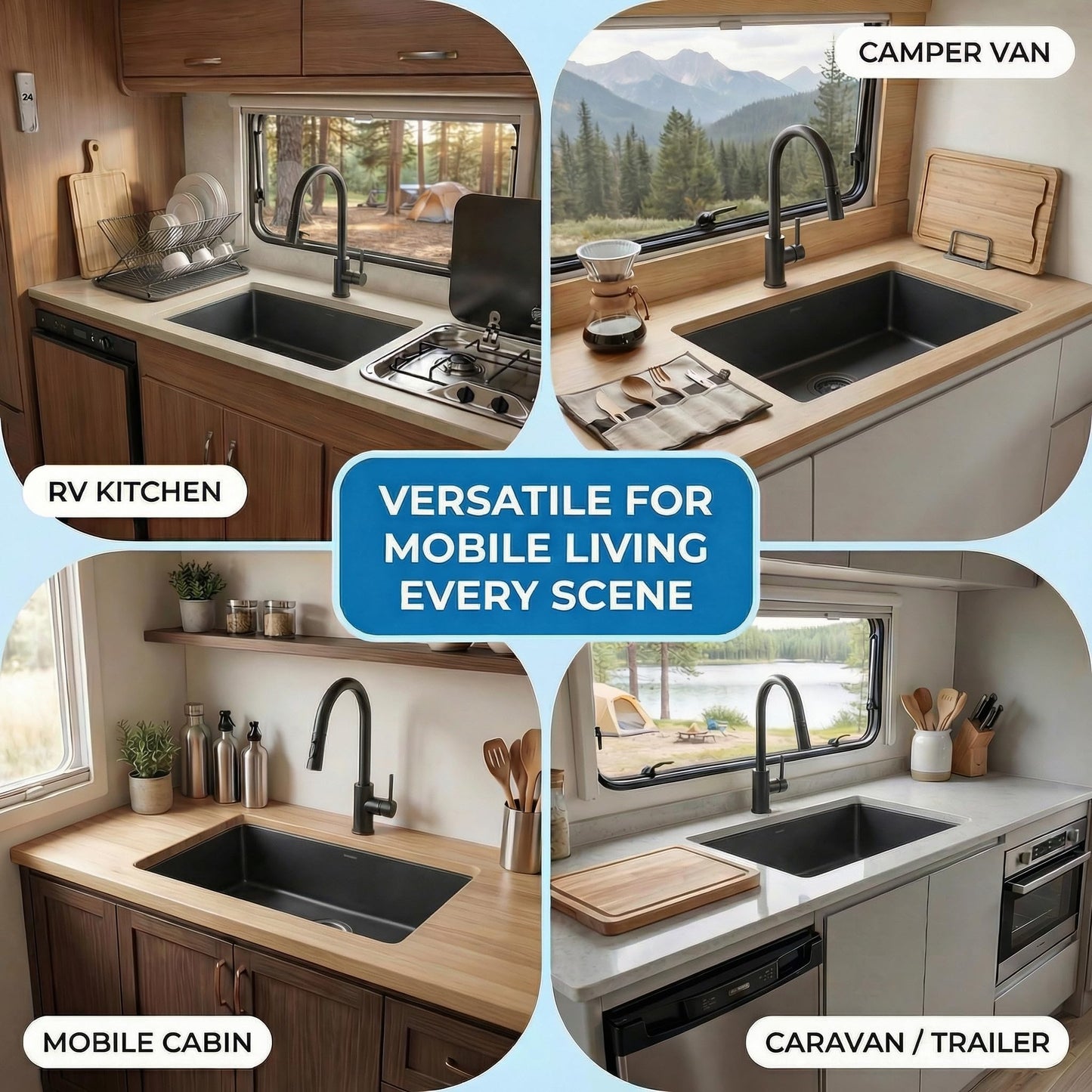MILOSEN Black RV Kitchen Sink, 25''×15''×7'' 16 Gauge T304 Stainless Steel Drop-in/Undermount Black RV Sink, Single Bowl Sinks for Caravans/Campervans & Site Cabins, 7 inch Depth Outdoor Trailer Sinks