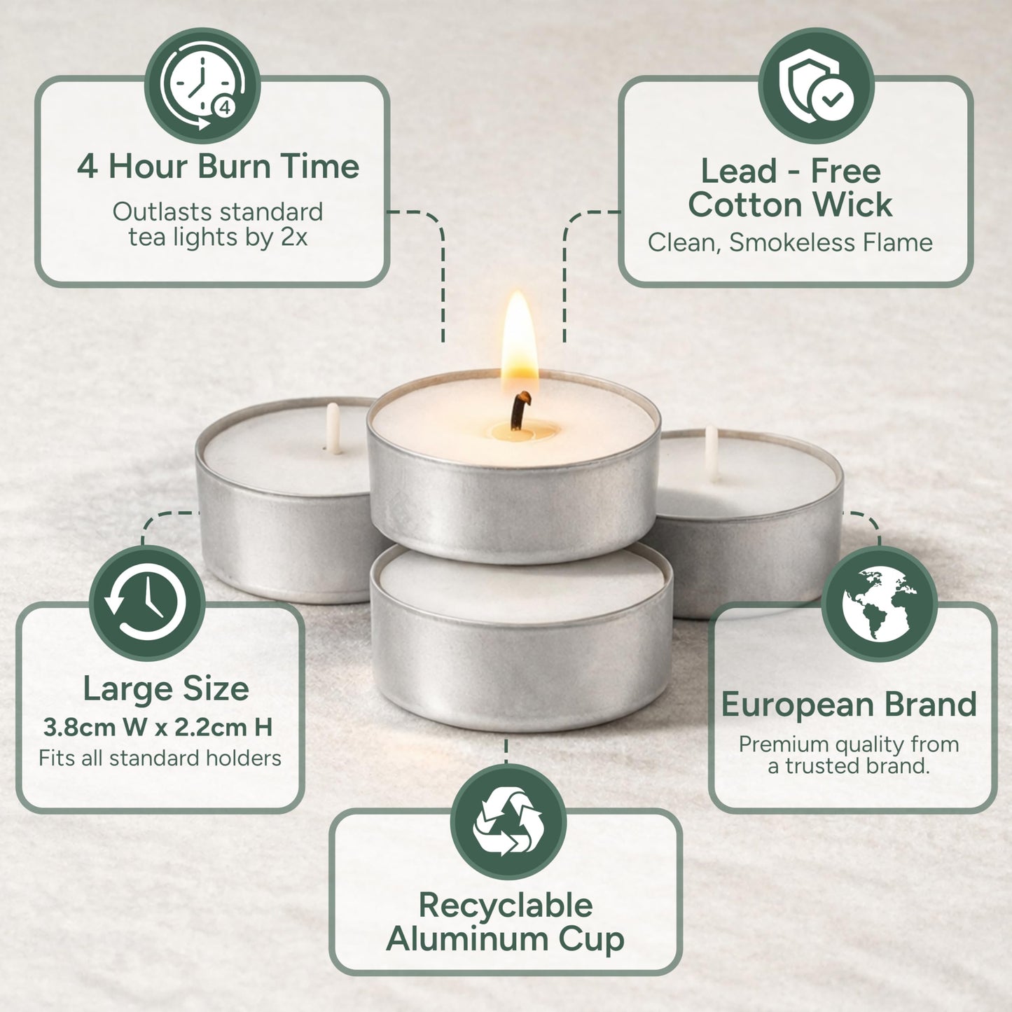 Zuvo Tea Lights Candles 4 Hour Burn (100 Pack) - White Lights - 1.5"W x 1"H Smokeless & Unscented Candles - Party Candles- for Weddings, Home Decor