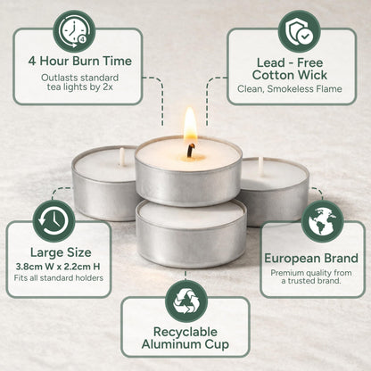 Zuvo Tea Lights Candles 4 Hour Burn (100 Pack) - White Lights - 1.5"W x 1"H Smokeless & Unscented Candles - Party Candles- for Weddings, Home Decor