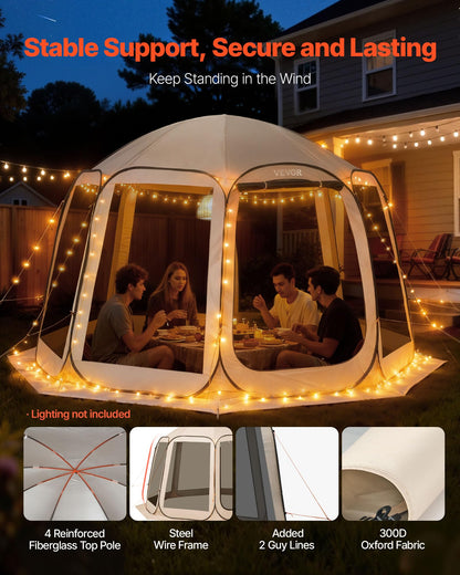VEVOR Pop up Screen House Tent, 12 x 11 ft, 10-12 Person Screen Gazebo, Portable Screened in Canopy with Carry Bag, Netting Sides, Ground Stakes, for Garden, Patio, Backyard, Outdoor Activities, Beige