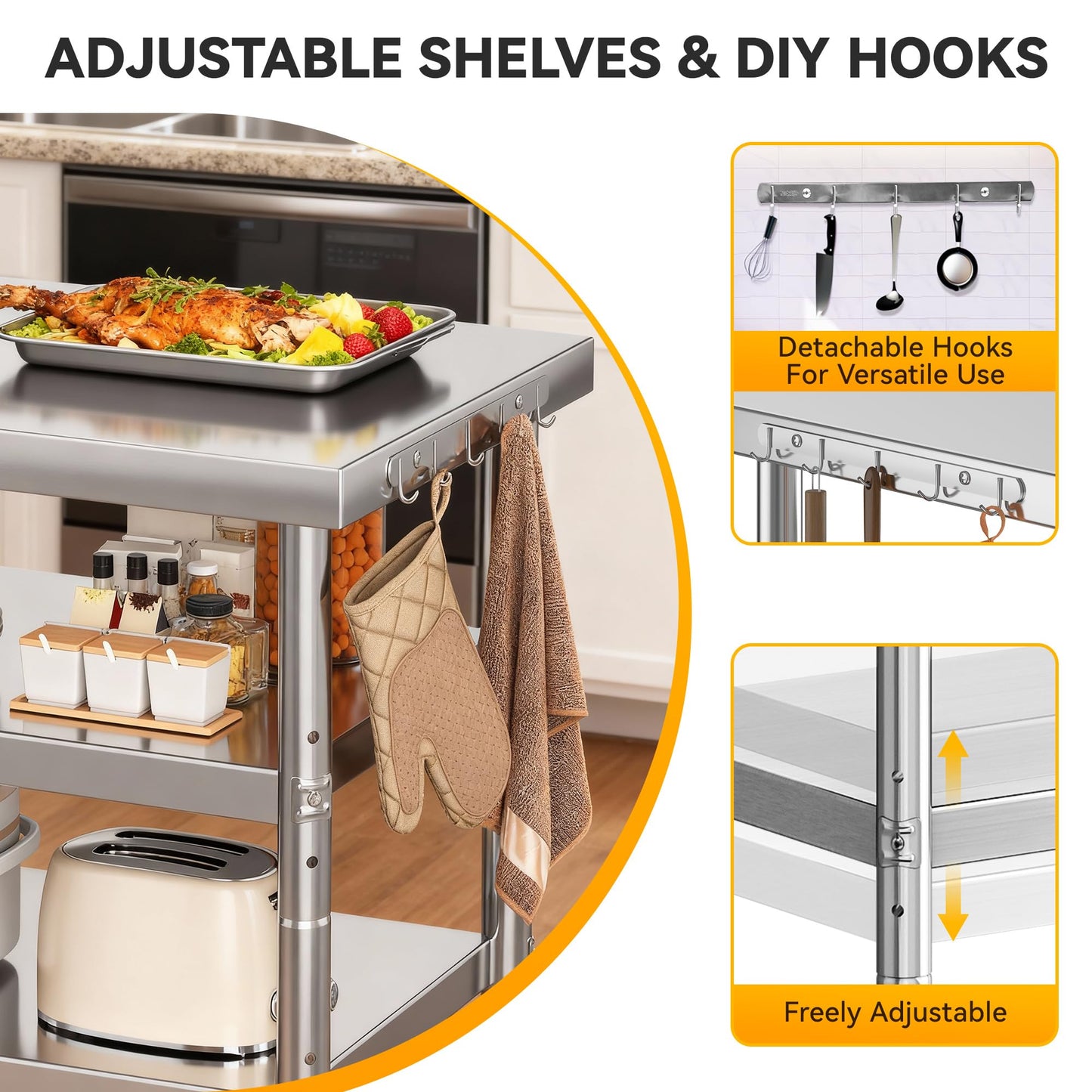 DWVO 30x24in Stainless Steel Table, NSF Metal Prep Worktable with 2 Adjustable Shelves & Wheels for Kitchen Restaurant Hotel Garage Warehouse Home