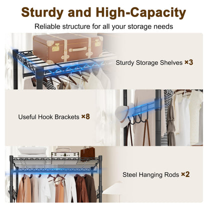 Whitmor 3 Tier Rolling Garment Rack, Heavy Duty Adjustable Metal Clothing Rack with Side Hooks, Double Rods & 360° Lockable Wheels, Max 600LBS for Hanging Clothes, 35.4" L x 16" W x 77" H, Black