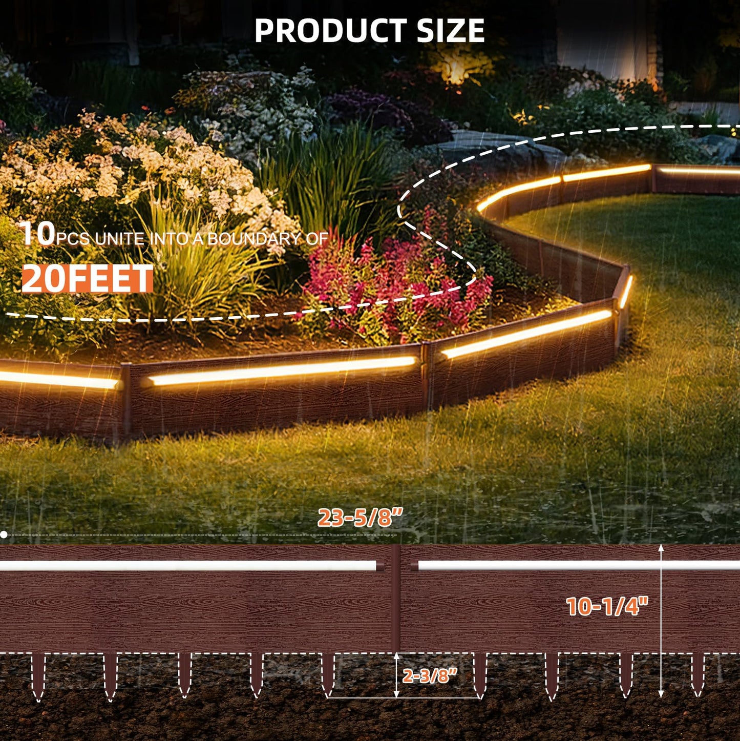 BRIGHTENONE Solar Lights Outdoor for Yard, 20FT Connectable Landscape Lighting Edging with 10 Pcs No Dig Garden Border, Waterproof Solar Pathway Lights Outdoor for Patio Decor, Flowerbed Edging, Brown