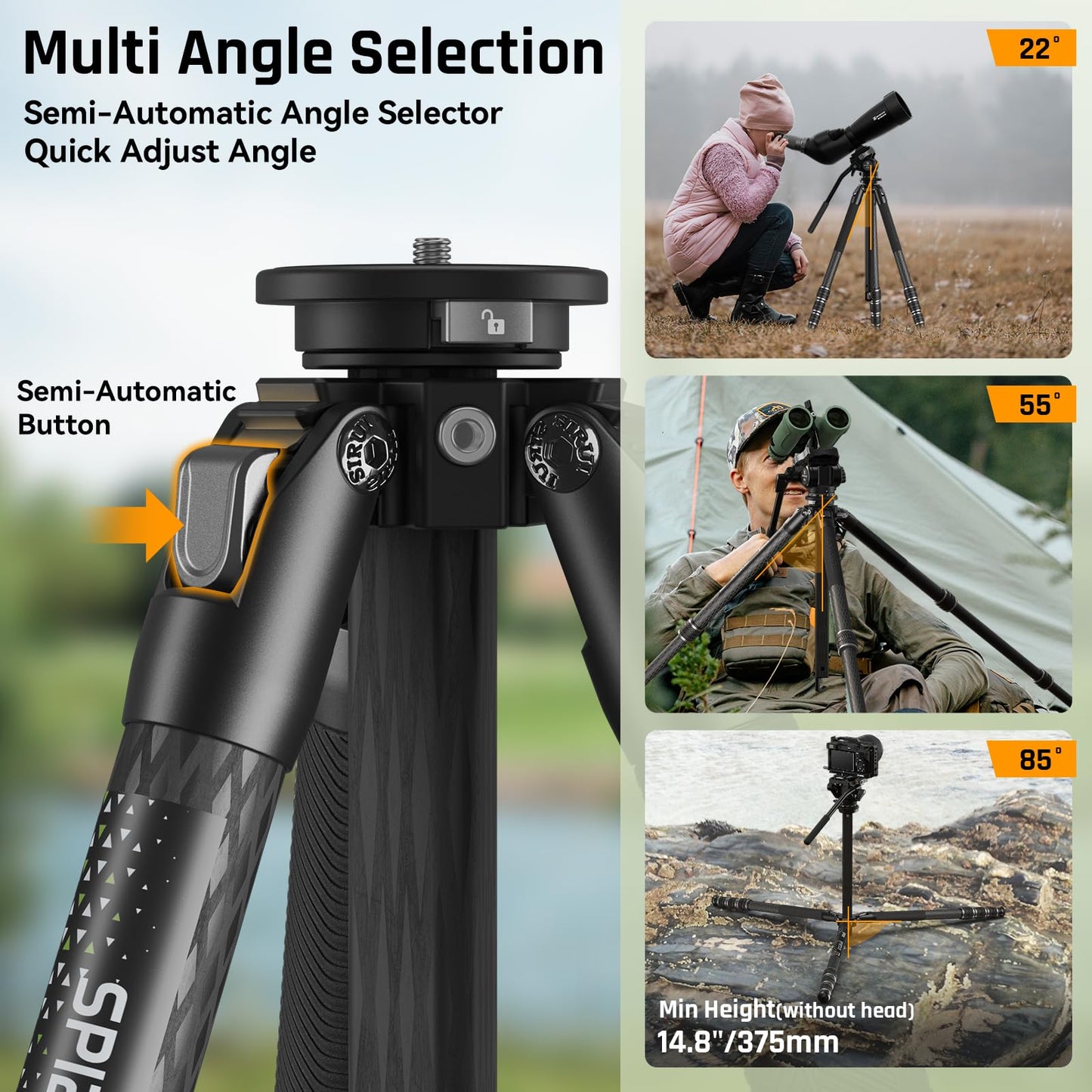 SPORTICH SP124+BX5 Optics Carbon Fiber Tripod with Fluid Pan Head, 62.2" Travel Tripod with Center Column, Binocular Adapter, for Binoculars, Spotting Scopes, Cameras, Max Load 26lbs