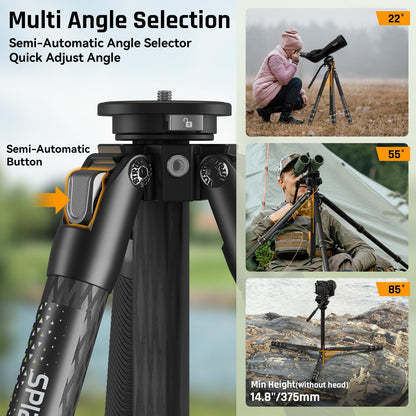 SPORTICH SP124+BX5 Optics Carbon Fiber Tripod with Fluid Pan Head, 62.2" Travel Tripod with Center Column, Binocular Adapter, for Binoculars, Spotting Scopes, Cameras, Max Load 26lbs