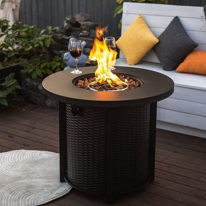 GDFStudio 30" Round Propane Fire Pit Table, 50000 BTU Outdoor Gas Heater with Steel Top & Wicker Base, for Patio, Deck, Garden, Black
