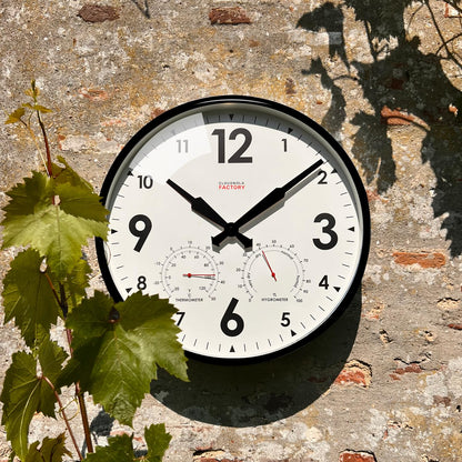 Cloudnola Indoor Outdoor Waterproof Metal Wall Clock with Thermometer and Hygrometer, Black, 18 inch Silent Non-Ticking Battery Operated Quality Quartz Round Clock for Patio and Home Decor