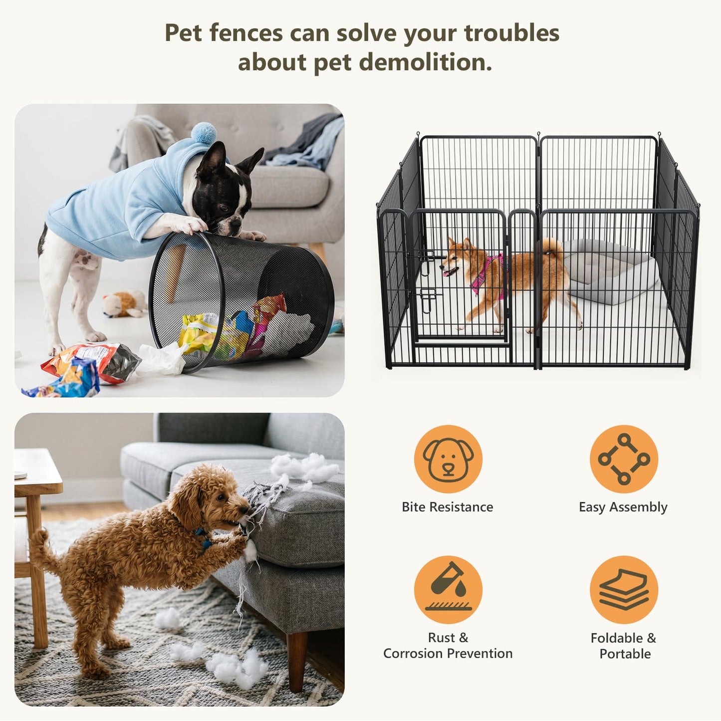 MAKE CHANGES Metal Dog Playpen - 32" Height 8 Panels Foldable Exercise Pen for Dogs Indoor/Outdoor Pen with Door for Pet Animals Portable Pet Playpen Polygon Dog Enclosure (Black)