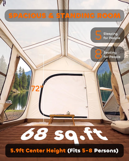 Inflatable Camping Tent for 5-8 Person, Oxford Waterproof Blow Up Air Tent with Skylight & Mesh Windows, Quick Setup with Hand Pump, Carrying Bag, 4 Season UV Protection for Outdoor Glamping Family
