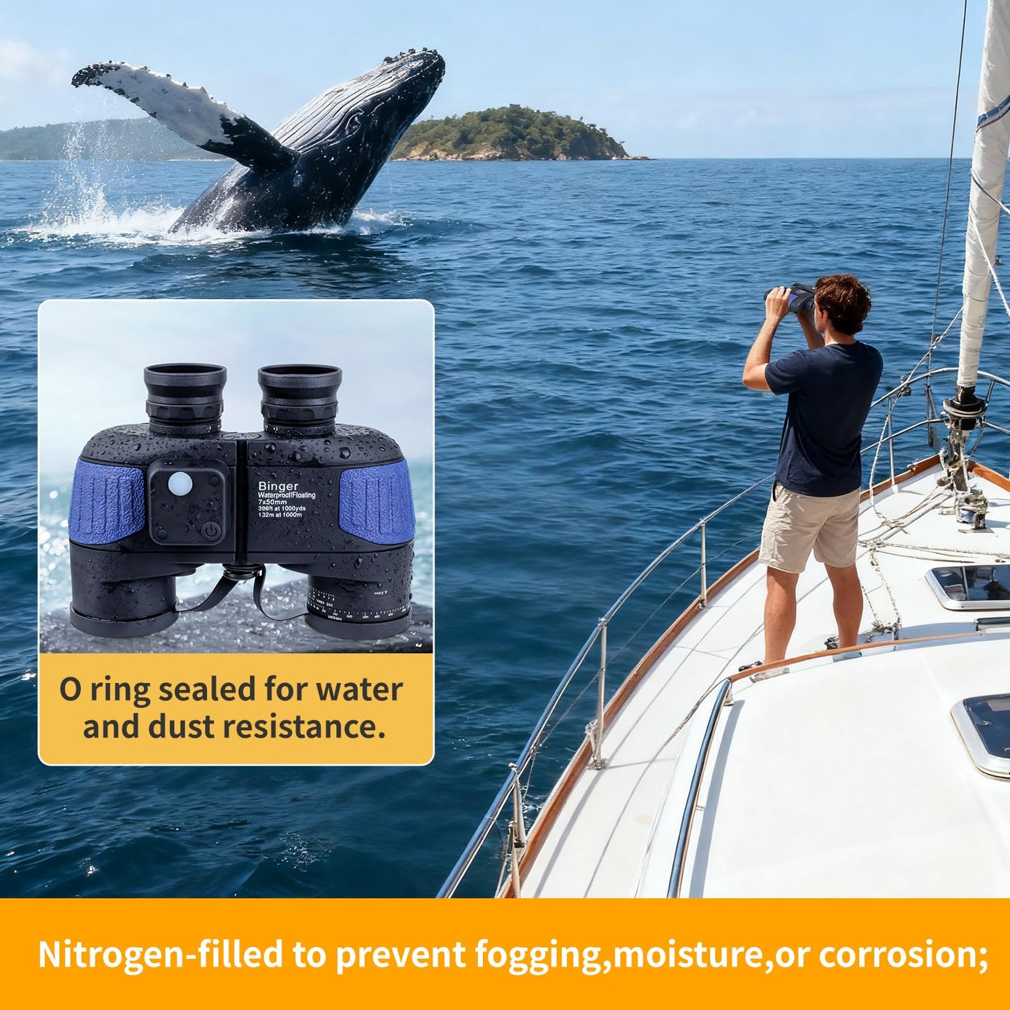 Binger 7x50 Marine Binoculars w/Rangerfinder Global Compass Floating Waterproof Marine BAK4 FMC Waterproof Nitrogen Filled