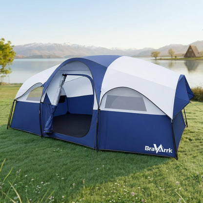 BravArrk Camping Tent for 8 Person, PU3000MM Waterproof Family Tent with Rainfly, Large Roomy 3 Room Camping Tents with Divided Curtain, Portable Outdoor Tent for Families Car Camping, 14x9x6 ft