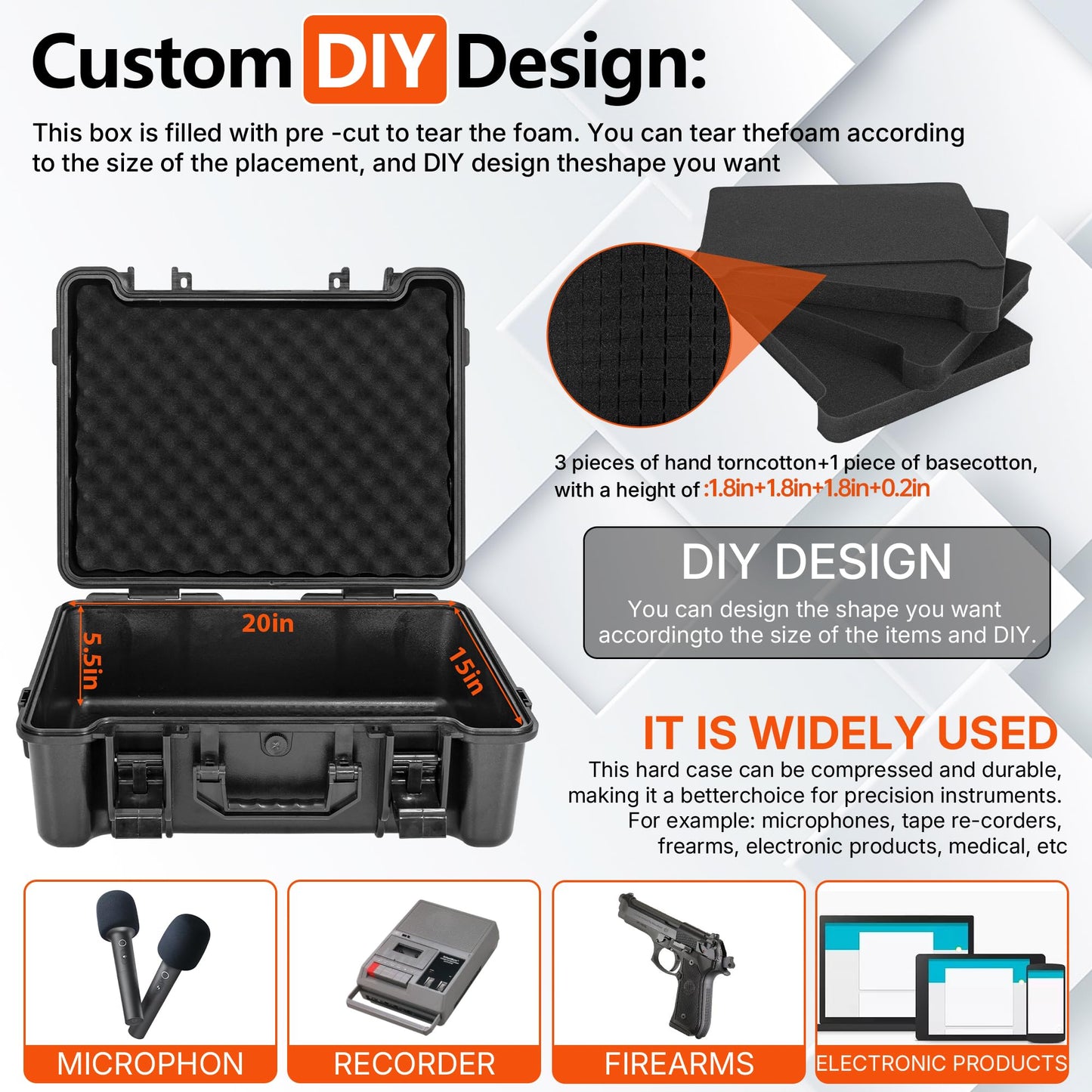 Hard Carrying Case,Shockproof Storage Box with Customizable Foam,Portable Protective Tool Box for Microphone,Recorder,Electronics,Tools,Cameras,Equipment and More, 21.5" x 17.3" x 6"
