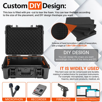 Hard Carrying Case,Shockproof Storage Box with Customizable Foam,Portable Protective Tool Box for Microphone,Recorder,Electronics,Tools,Cameras,Equipment and More, 21.5" x 17.3" x 6"