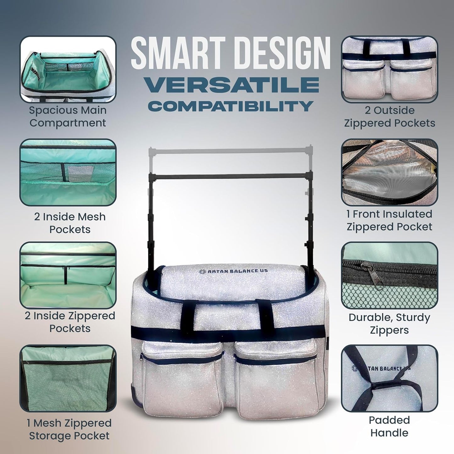 Dance Duffle Bag with Garment Rack 28" – Silver Glittering Rolling Dance Competition Bag for Shows, Travel and Performances – Collapsible Dance Suitcase with Portable Trolley and Storage Pockets