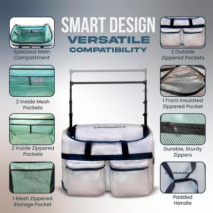 Dance Duffle Bag with Garment Rack 28" – Silver Glittering Rolling Dance Competition Bag for Shows, Travel and Performances – Collapsible Dance Suitcase with Portable Trolley and Storage Pockets