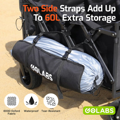 Golabs WA2 Wagon Cart Max 560lbs Load & Expandable Storage Max 280L(2 Side Strap), Heavy Duty Beach Wagon with Brakes, 7×4" Big All-Terrain Wheel, 3S Quick Fold Design for Garden & Camping & Beach