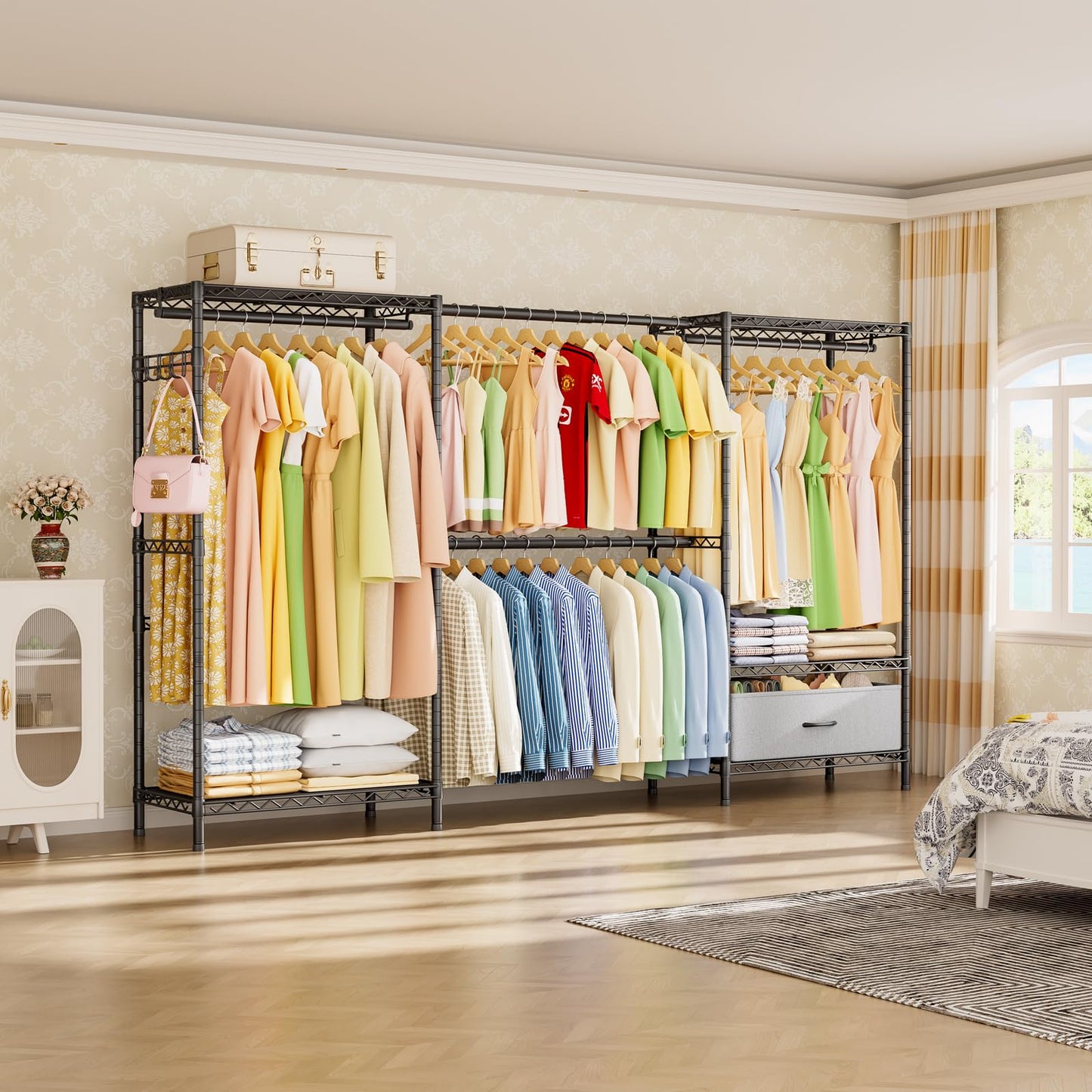 Golpart Coat Rack Clothes Wardrobe：Closet Organizer and Storage Clothing Garment Rack with Shelves Heavy Duty for Hanging Clothes Portable Adjustable Black 15.8" DX(70-88)" WX76.5 H