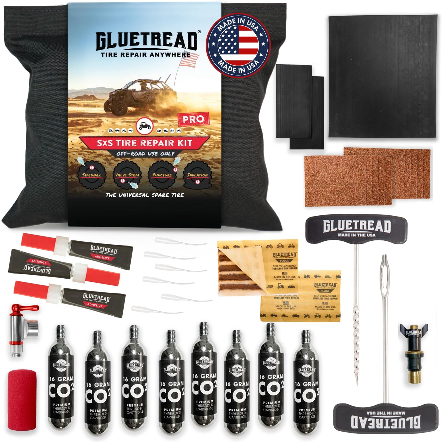 GlueTread SxS Pro Tire Repair Kit Ultimate Off-Road Tire Repair Kit Includes Sidewall Repair Patches, Colby Emergency Valve, Emergency Tire Plug Kit with 12 Plugs, T Handles and 8 CO2 Cartridges