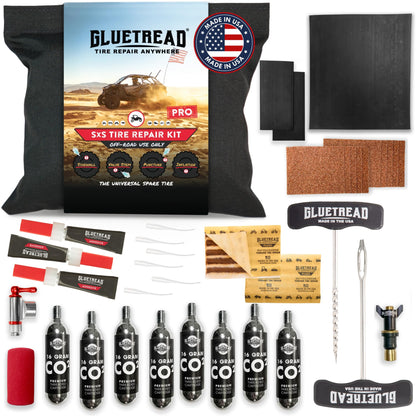 GlueTread SxS Pro Tire Repair Kit Ultimate Off-Road Tire Repair Kit Includes Sidewall Repair Patches, Colby Emergency Valve, Emergency Tire Plug Kit with 12 Plugs, T Handles and 8 CO2 Cartridges