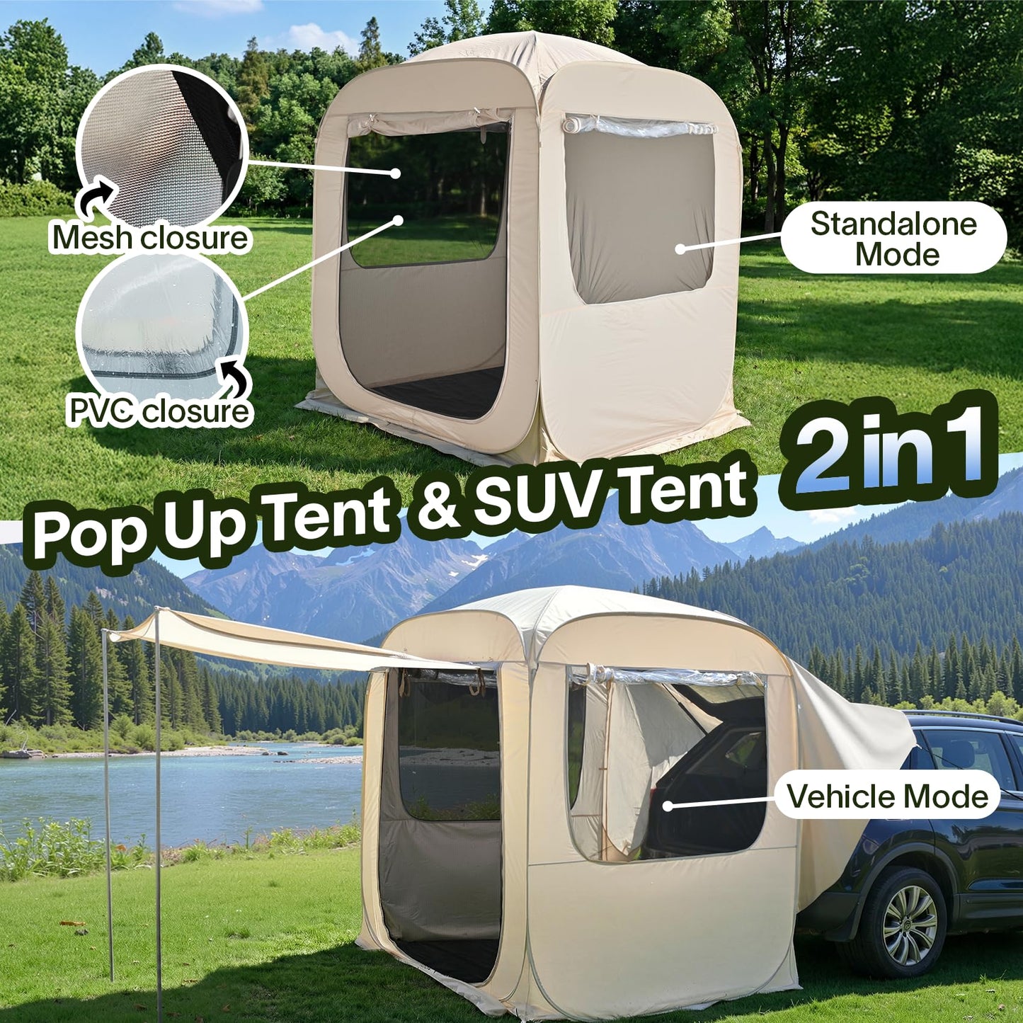Alvantor® SUV Tailgate Tent with Sunshade Awning, 6x6x6.6ft Waterproof Car Tent for 2-3 People, Instant Pop up SUV Tent with PVC+Oxford+Mesh Material