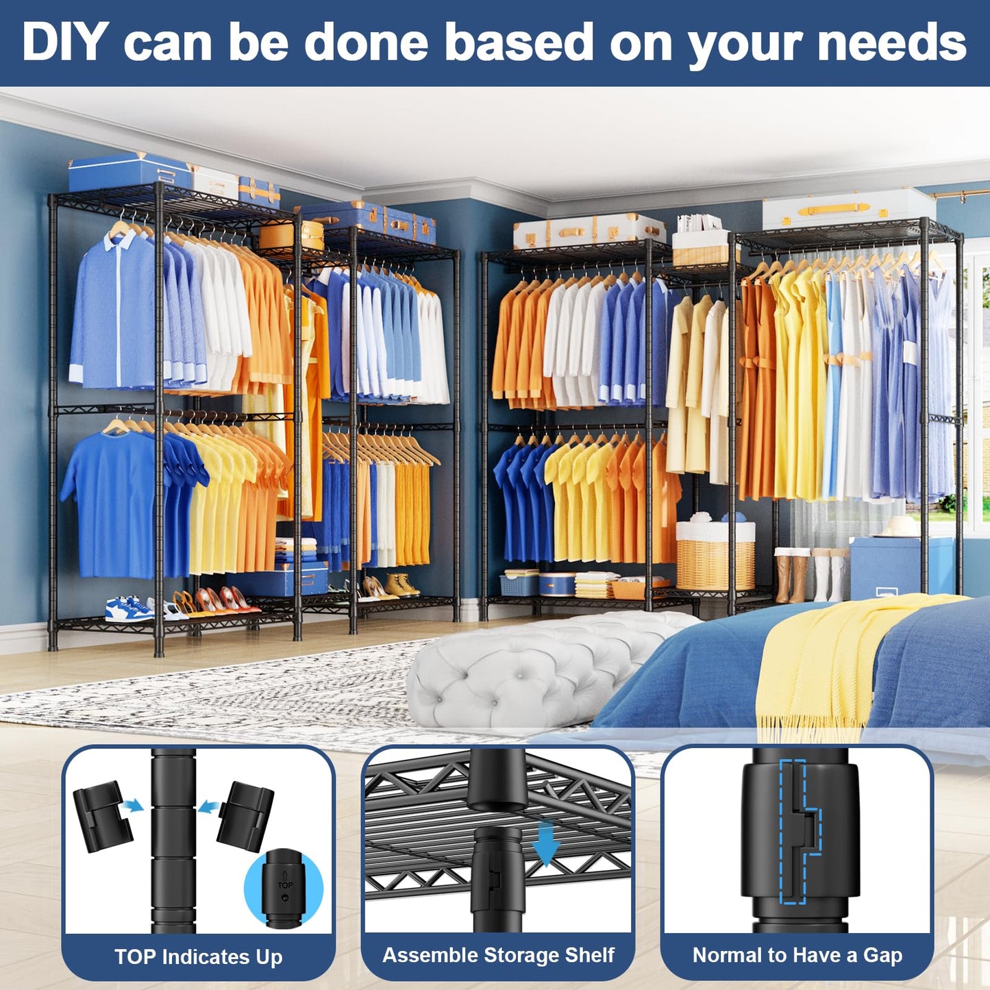 Ulif E12 Pro Clothes Rack，Heavy Duty Freestanding Garment Rack with Shelves，Metal Clothing Closet Storage System for Hanging Clothes，71" W x 16" D x 76.5" H, Hold 960 lbs，Black